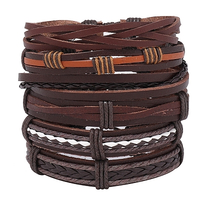 6Pcs 6 Style Adjustable Braided Imitation Leather Cord Bracelet Set, Waxed Cord & Hemp Cord Stackable Bracelets for Men