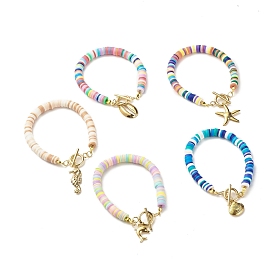 Bracelet à breloques sur le thème des organismes marins, bracelet perles heishi en pâte polymère, bracelet de surf pour les vacances à la plage, or