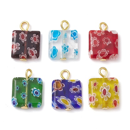 Square Handmade Millefiori Glass Pendants, with Iron Flat Head Pins, Cadmium Free & Lead Free