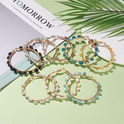 8Pcs 8 Style Natural Mixed Gemstone Braided Beaded Bracelets Set, Copper Wire Wrap Jewelry for Women, Light Gold