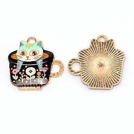 Japanese Style Print Alloy Enamel Pendants, Cup with Cat Charms, Cadmium Free & Lead Free
