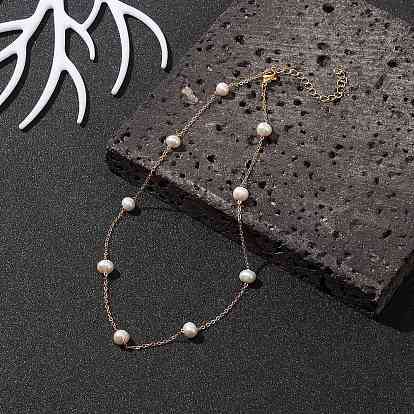 Collar de cadena con cuentas de perlas naturales, joyas de latón