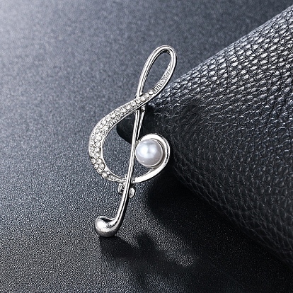 Crystal Rhinestone Music Note Brooch Pin with Imitation Pearl Beaded, Alloy Badge for Backpack Clothes