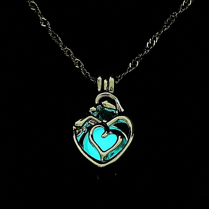 Luminous Alloy Locket Heart Pendant Necklaces, Glow in the Dark