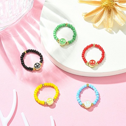 5Pcs 5 Colors Glass Seed Beads Beaded Stretch Finger Ring Sets, Smiling Face Beads Rings for Women