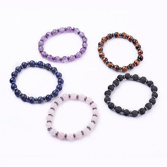 Bracelets élastiques de pierres précieuses naturelles, avec des perles d'entretoise de hématite synthétique non magnétique
