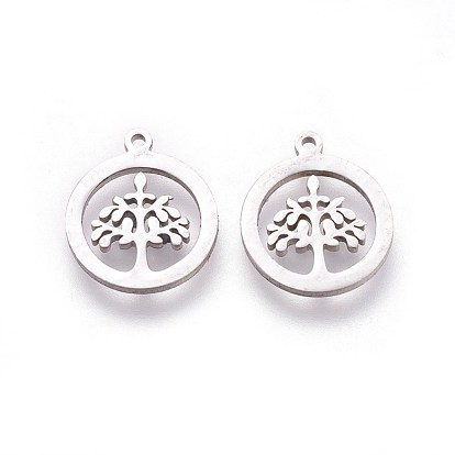 304 Stainless Steel Charms, Flat Round with Tree of Life