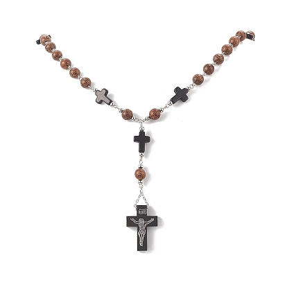 Collar de cuentas de rosario de madera natural, collar con colgante de cruz turquesa sintética para mujer
