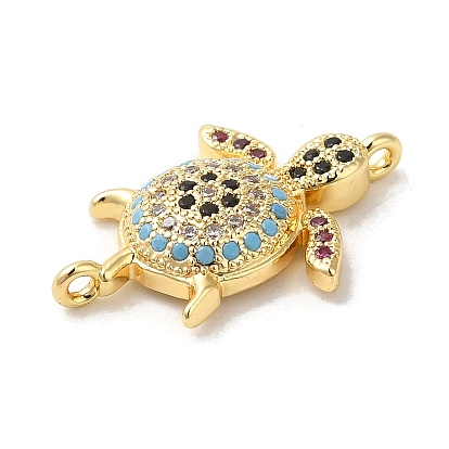Rack Plating Brass Micro Pave Colorful Cubic Zirconia Connector Charms, Turtle Links, Long-Lasting Plated, Lead Free & Cadmium Free