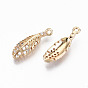 Brass Micro Pave Cubic Zirconia Pendants, Light Gold, Long-Lasting Plated, Cadmium Free & Lead Free, Feather