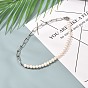 Vintage Natural Pearl Beaded Necklace for Girl Women, 304 Stainless Steel Paperclip Chain Necklace