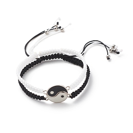 Enamel Yin Yang Matching Couple Braided Bead Bracelets Set, Adjustable Bracelets for Women