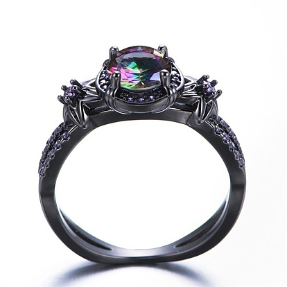Coloridos diamantes de imitación redondos planos con anillos de dedo de flores, joyas de aleación para mujer