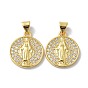 Brass Micro Pave Clear Cubic Zirconia Pendants, Long-Lasting Plated, Flat Round with Virgin Pattern