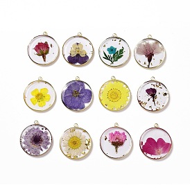 Transparent Clear Epoxy Resin Pendants, with Edge Golden Plated Brass Loops and Gold Foil, Flat Round Charms with Inner Flower