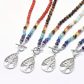 Тибетском стиле сплава ожерелья шкентеля, с натуральными бусами из драгоценных камней и застежками-переключателями, слезинка с дерева
