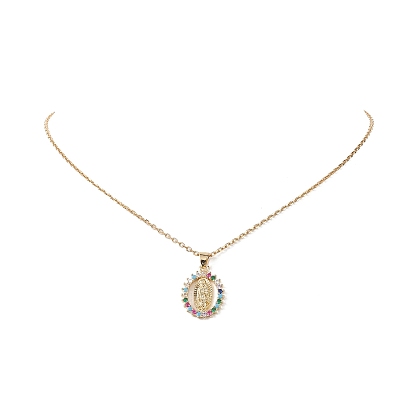 Ovale de zircon cubique coloré avec collier pendentif vierge marie, bijoux en laiton pour femmes