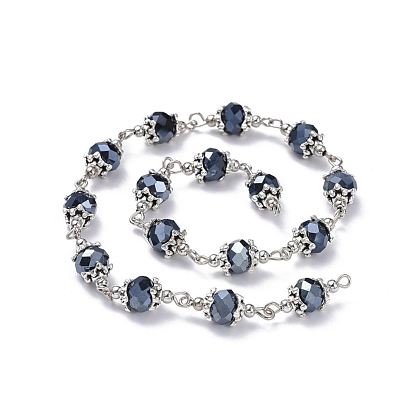 Main chaînes de perles de verre, avec des chapeaux de perles en alliage de style tibétain, perles intercalaires en fer et pinces à oeil en fer, non soudée