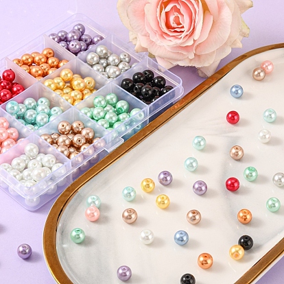 12 Colors Baking Painted Glass Pearl Beads, Pearlized, Round