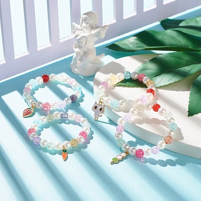Candy Color Round Beaded Stretch Bracelet with Enamel Charm for Kid