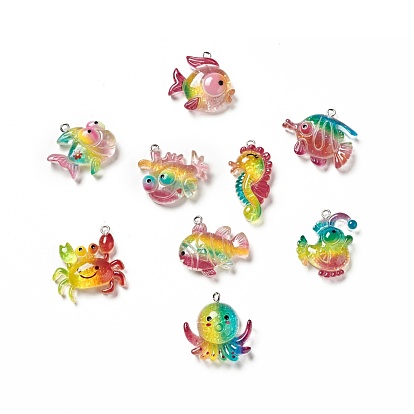 Pendentifs en résine transparente sur le thème de l'océan, avec de la poudre scintillante et des boucles en fer platine, charme des animaux marins, colorées, motif pieuvre/hippocampe/poisson/crabe