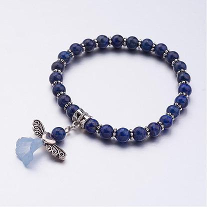 Perles de pierres précieuses naturelles étirer bracelets de charme, avec des perles de style tibétain et perles en acrylique transparent, givré, belle robe de mariée ange dangle