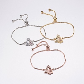 Bracelets réglables en laiton à micro-pavé de zircons cubiques, bracelets de slider, avec des chaînes de boîte en laiton, arbre de Noël