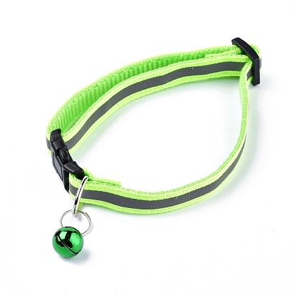 Collar reflectante de poliéster ajustable para perros / gatos, suministros de mascotas, con campana de hierro y hebilla de polipropileno (pp)