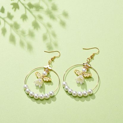 Glass & Plastic Imitation Pearl Beaded Big Ring with Fairy Dangle Earrings, 304 Stainless Steel Jewelry for Women