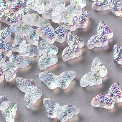 Transparent Glass Beads, with Glitter Powder, AB Color Plated, Butterfly