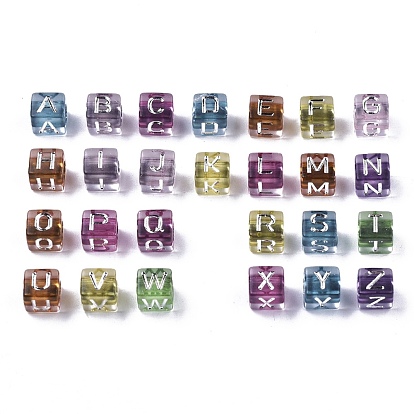 Transparent Acrylic Beads, Cube with Letter, Silver Plated