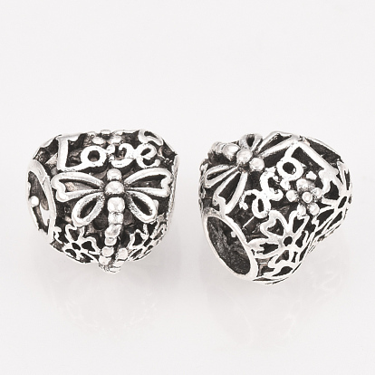 Alloy European Beads, Large Hole Beads, Hollow, Heart with Dragonfly