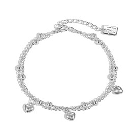 S925 Sterling Silver Satellite Chains Double Layer Multi-strand Bracelets, with Heart Charms