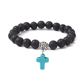 Bracelet extensible à perles rondes en pierre de lave naturelle, avec breloques croix turquoise synthétique
