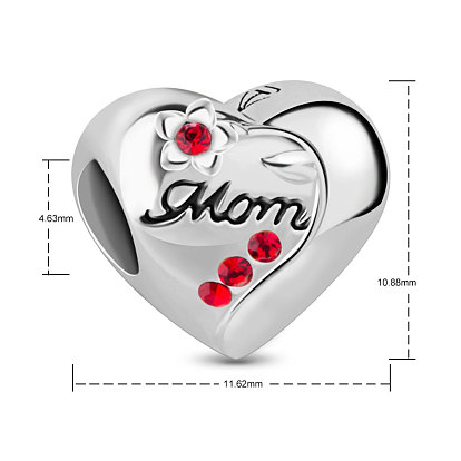 TINYSAND Mother's Day Theme, Heart 925 Sterling Silver European Large Hole Beads, with Cubic Zirconia, and Word Mom, 10.88x11.62x8.47mm, Hole: 4.63mm
