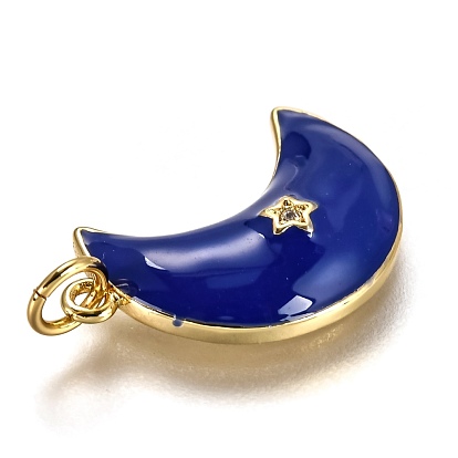Pendentifs en laiton zircon cubique transparent, plaqué longue durée, avec anneaux et émail bleu, lune avec étoile