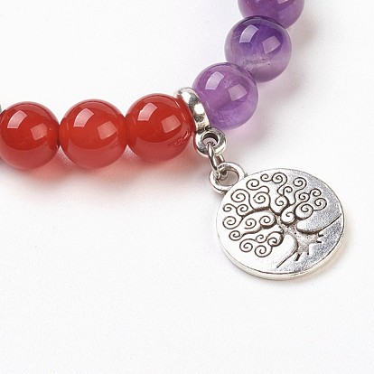 Chakra Jewelry, Natural & Synthetic Mixed Stone Beads Charm Bracelets, with Alloy Findings, Flat Round with Tree