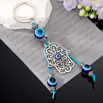 Alloy Hollow Hamsa Hand/Hand of Miriam Pendant Keychain, Turkish Evil Eye Bead Car Key or Bag Ornaments