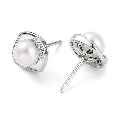Cubic Zirconia Sauqre with Natural Pearl Stud Earrings, 925 Sterling Silver Earrings for Women
