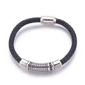 Leather Braided Cord Bracelets, with Stainless Steel Magnetic Clasps and Tube Beads