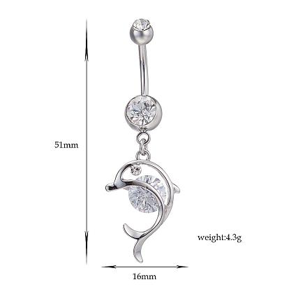 Piercing Jewelry Real Platinum Plated Brass Rhinestone Dolphin Navel Ring Belly Rings, 51x16mm