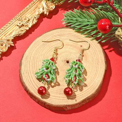 MIYUKI Delica Beaded Christmas Tree with Glass Pearl Dangle Earrings, 304 Stainless Steel Long Drop Earrings