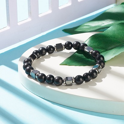 Natural Wood & Synthetic Hematite Beaded Stretch Bracelet, Gemstone Jewelry for Women