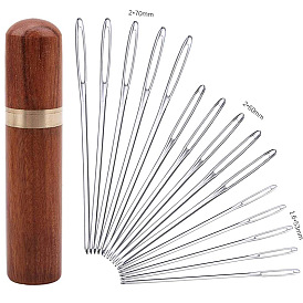 15Pcs Iron Yarn Knitting Needles, Large Eye Blunt Needles, Weaving Needle with Wood Storage Bottle