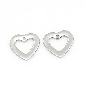 304 Stainless Steel Open Heart Pendants, Hollow, 10x11x1mm, Hole: 0.5mm