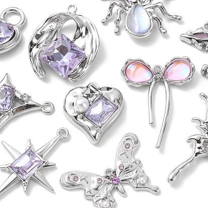 Rack Plating Alloy Pendants, with Glass Rhinestone and ABS Plastic Imitation Pearl, Resin, Mixed Shapes