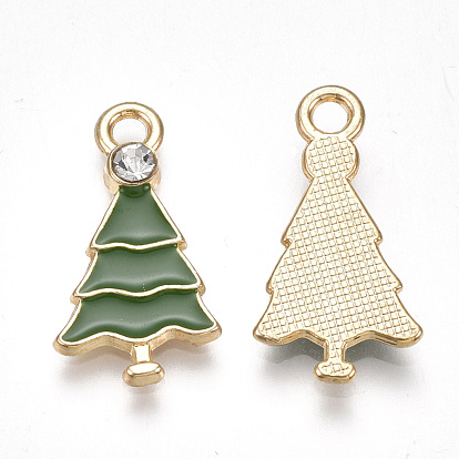 Colgantes de la aleación, sin plomo y cadmio, con diamantes de imitación y esmalte, árbol de Navidad, cristal, la luz de oro