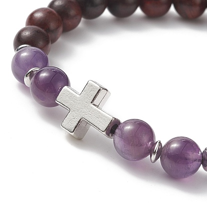 4Pcs 4 Style Natural & Synthetic Mixed Gemstone & Wood Stretch Bracelets Set with Alloy Cross Beaded for Women