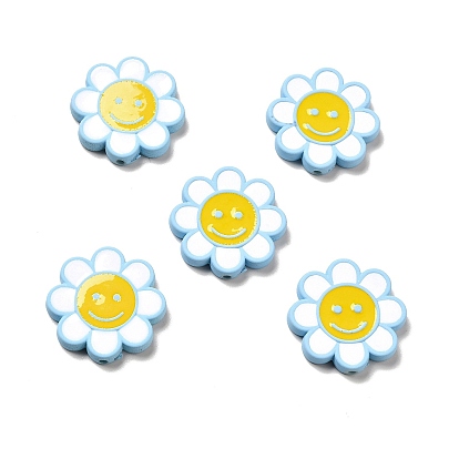 Opaque Acrylic Beads, with Enamel, Flower with Smiling Face