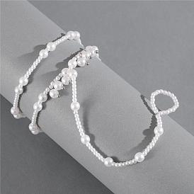 2Pcs 2 Style Plastic Pearl Beaded Stretch Anklets Set, Toe Rings Anklets, Sandal Foot Anklets